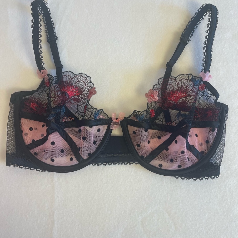 For Love & Lemons Sheer Embroidered Underwire Bra 34DD Coquette Lace
